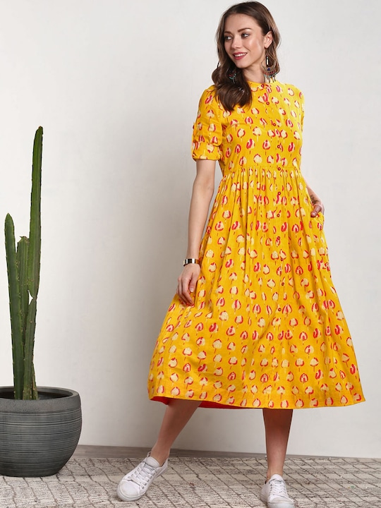 Sangria Floral Printed Cotton A-Line Dress