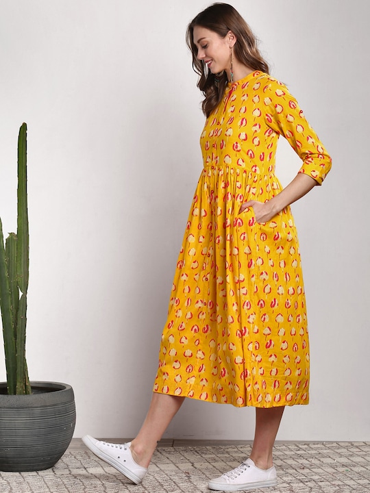 Sangria Floral Printed Cotton A-Line Dress