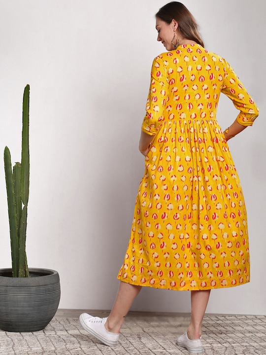 Sangria Floral Printed Cotton A-Line Dress