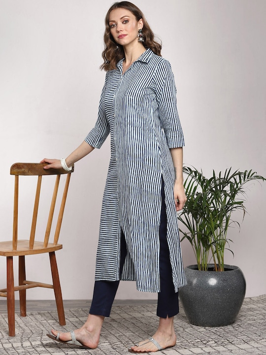 Sangria Women Pure Cotton Striped Straight Kurta