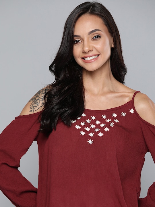 Mast & Harbour Floral Embroidered Cold-Shoulder Top