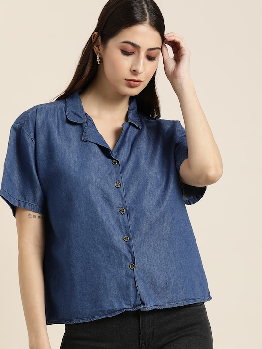 all about you Women Opaque Solid Casual Chambray Shirt