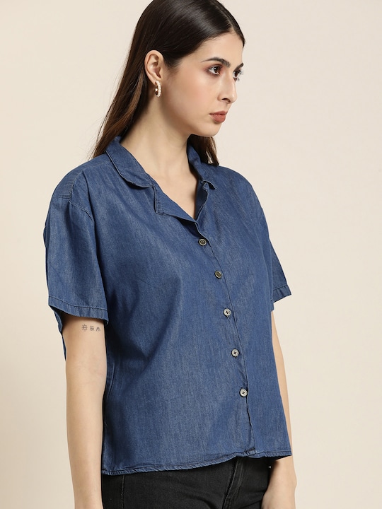 all about you Women Opaque Solid Casual Chambray Shirt