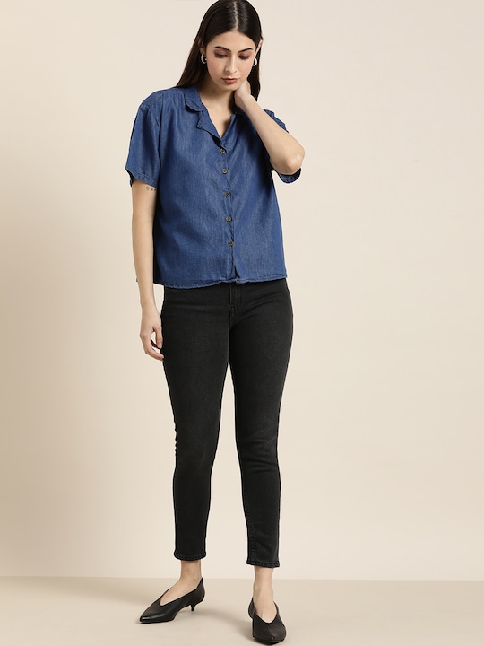 all about you Women Opaque Solid Casual Chambray Shirt