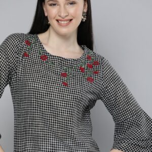 HERE&NOW Women Checked Bell Sleeves Top