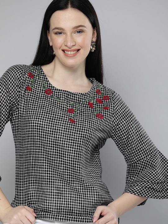 HERE&NOW Women Checked Bell Sleeves Top