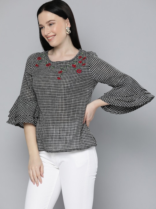 HERE&NOW Women Checked Bell Sleeves Top