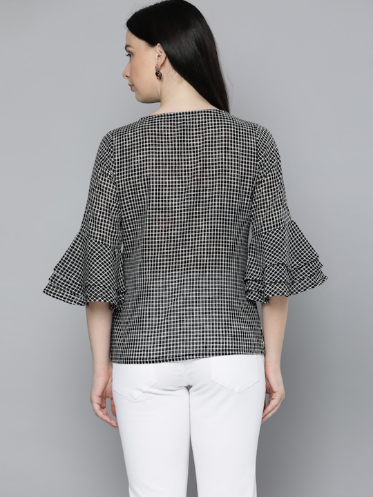 HERE&NOW Women Checked Bell Sleeves Top