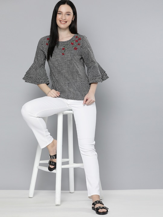 HERE&NOW Women Checked Bell Sleeves Top