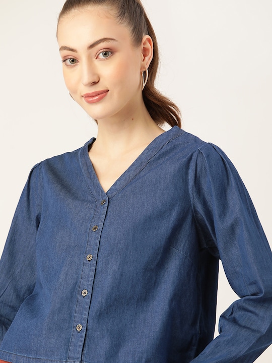 DressBerry Solid Chambray Pure Cotton Top