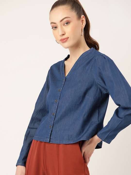 DressBerry Solid Chambray Pure Cotton Top