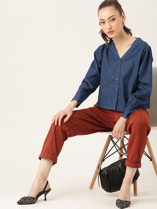 DressBerry Solid Chambray Pure Cotton Top