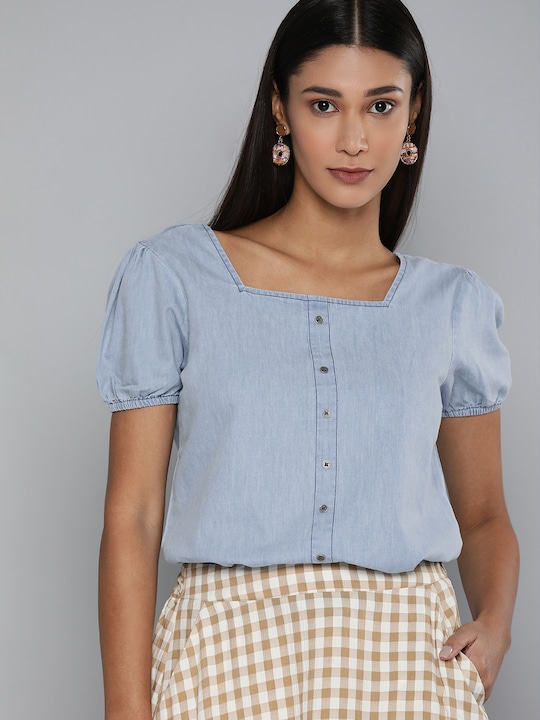 HERE&NOW Puff Sleeve Denim Regular Top