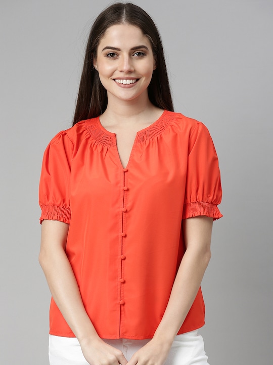 Mast & Harbour Puff Sleeve Smocked Regular Top