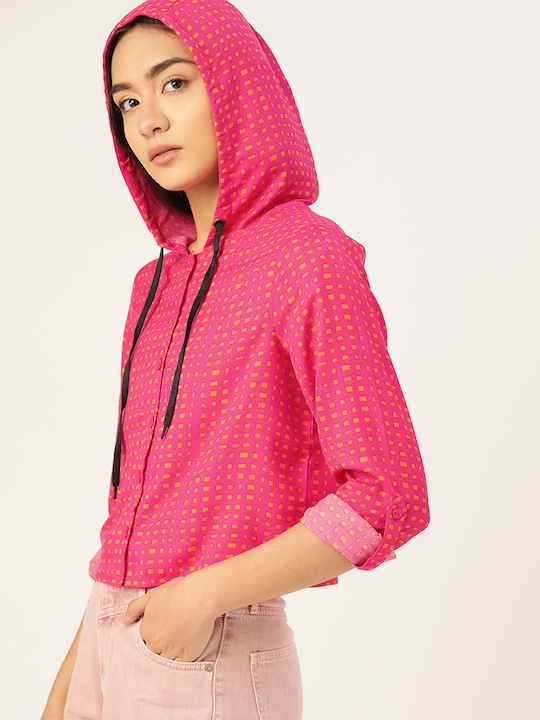 DressBerry Women Printed Hooded Casual Shirt