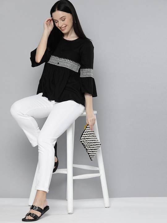 HERE&NOW Women Solid Bell Sleeves Top