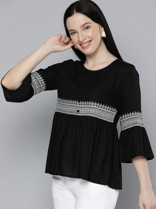 HERE&NOW Women Solid Bell Sleeves Top