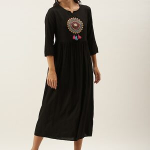 Sangria Women Embroidered A-Line Dress with Gathers