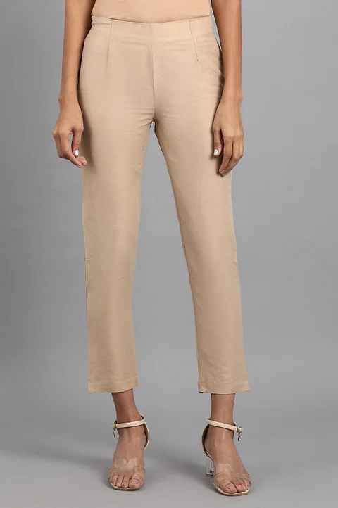 W Women Beige Solid Slim Pants