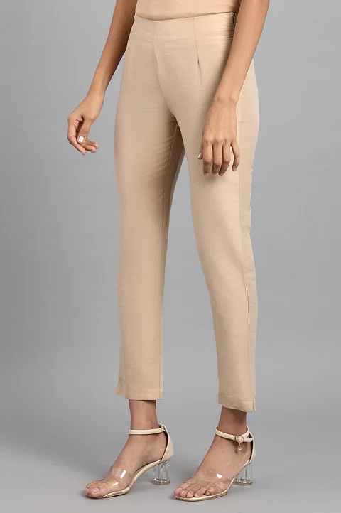 W Women Beige Solid Slim Pants