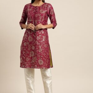 all about you Women Gold-Colored Floral Printed Straight Kurta