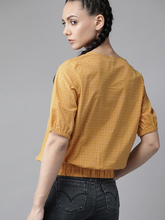 Roadster Checked Puff Sleeves Pure Cotton Blouson Top