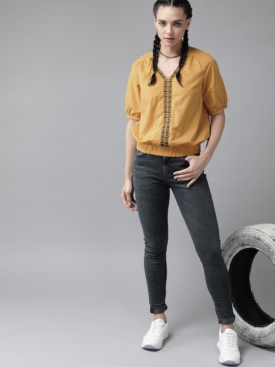 Roadster Checked Puff Sleeves Pure Cotton Blouson Top