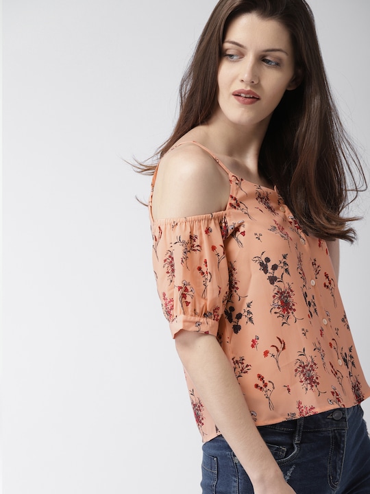 Mast & Harbour Floral Cold-Shoulder Shirt Style Top