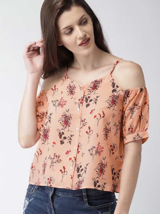 Mast & Harbour Floral Cold-Shoulder Shirt Style Top