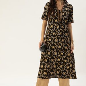 Anouk Women Gold Ethnic Motifs Printed Pure Cotton A-Line Kurta