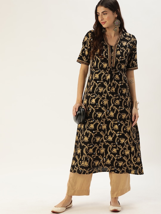 Anouk Women Gold Ethnic Motifs Printed Pure Cotton A-Line Kurta