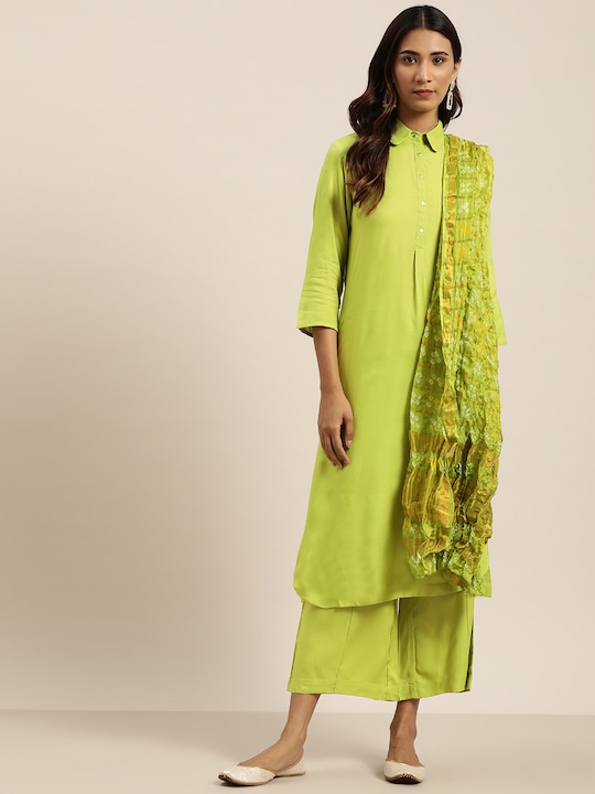 Sangria Women Solid Kurta with Palazzos & Bandhani Print Dupatta