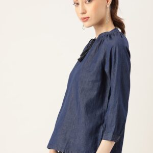 DressBerry Solid Tie-Up Neck Chambray Pure Cotton Top