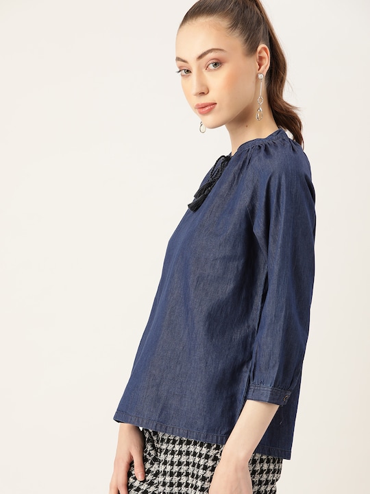 DressBerry Solid Tie-Up Neck Chambray Pure Cotton Top