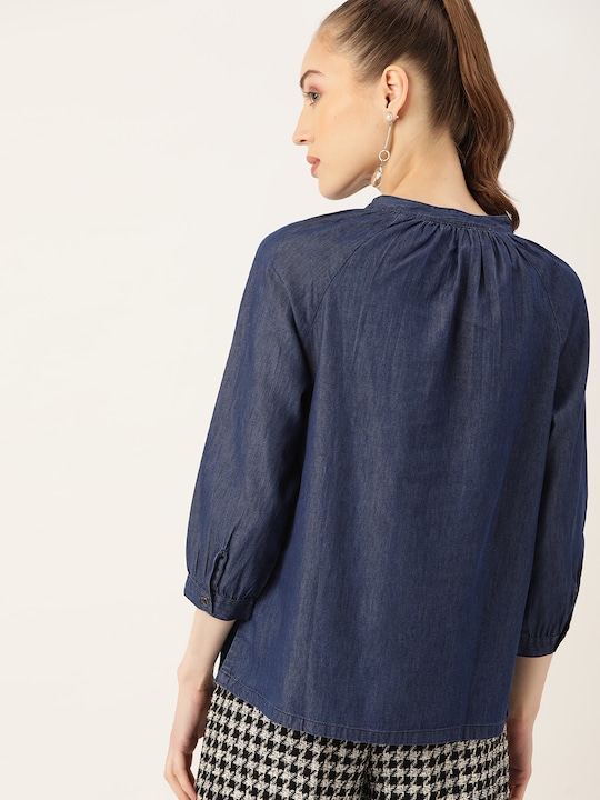 DressBerry Solid Tie-Up Neck Chambray Pure Cotton Top