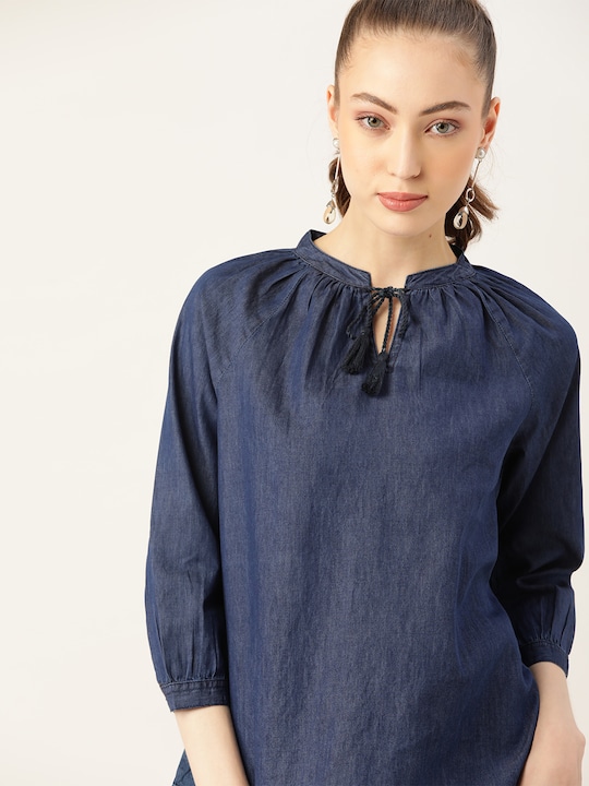 DressBerry Solid Tie-Up Neck Chambray Pure Cotton Top