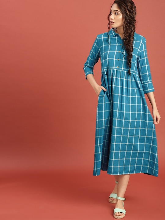 Taavi Women Checked South Cotton Kurta with Gathers