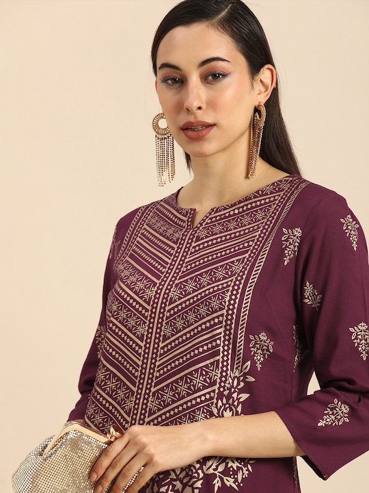 Anouk Women Golden Ethnic Motifs Printed Kurta