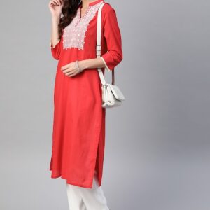 HERE&NOW Women Geometric Yoke Design Pure Cotton Mirror Work Kurta