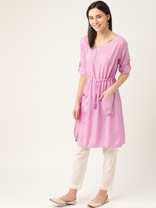 Anouk Women Solid Sustainable Gathered Pocket A-line Kurta