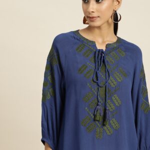 all about you Women Geometric Embroidery Tie-Up Neck Regular Top