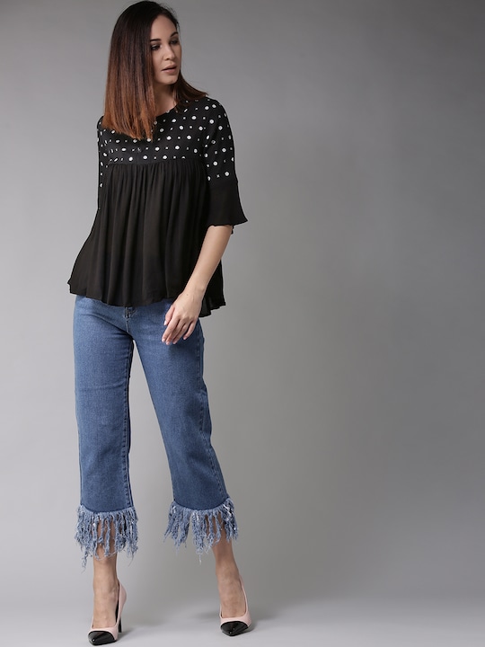 HERE&NOW Ethnic Motifs Pleated Empire Top With Bell Sleeves