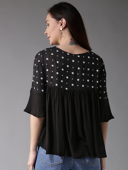 HERE&NOW Ethnic Motifs Pleated Empire Top With Bell Sleeves