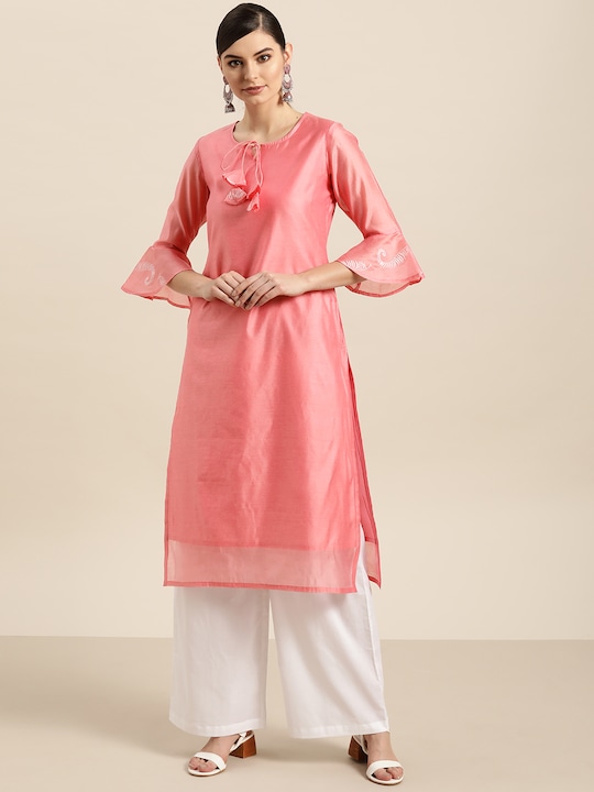 Sangria Women Keyhole Neck Bell Sleeves Solid Kurta