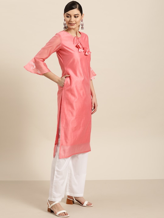 Sangria Women Keyhole Neck Bell Sleeves Solid Kurta