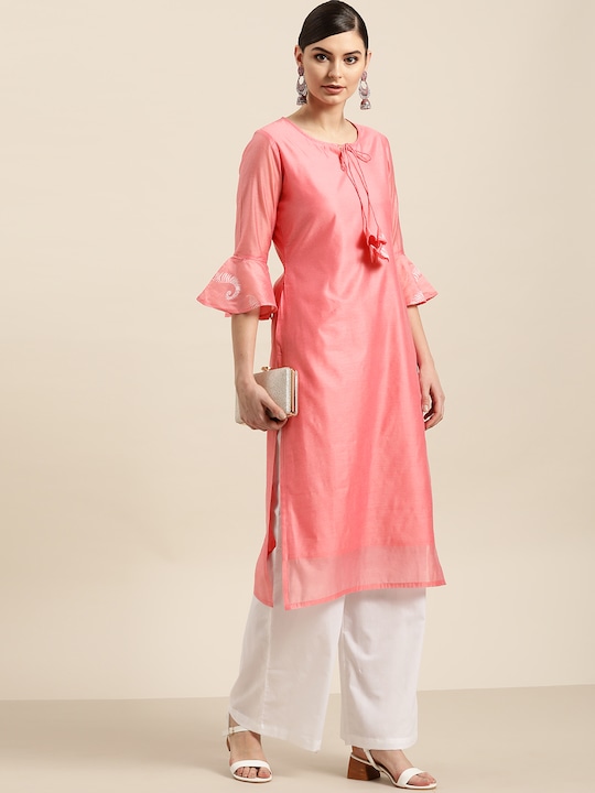 Sangria Women Keyhole Neck Bell Sleeves Solid Kurta