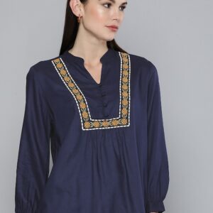 Chemistry Embroidered Mandarin Collar Pleated Top