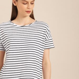 ether Women Striped Round Neck Pure Cotton T-shirt