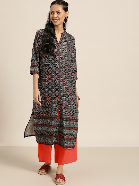 Sangria Women Ethnic Motifs Printed Kurta with Solid Palazzos