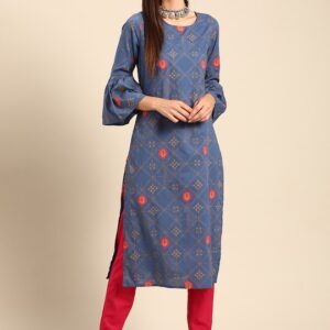 Anouk Women Ethnic Motifs Printed Pure Cotton Bell Sleeves Straight Kurta